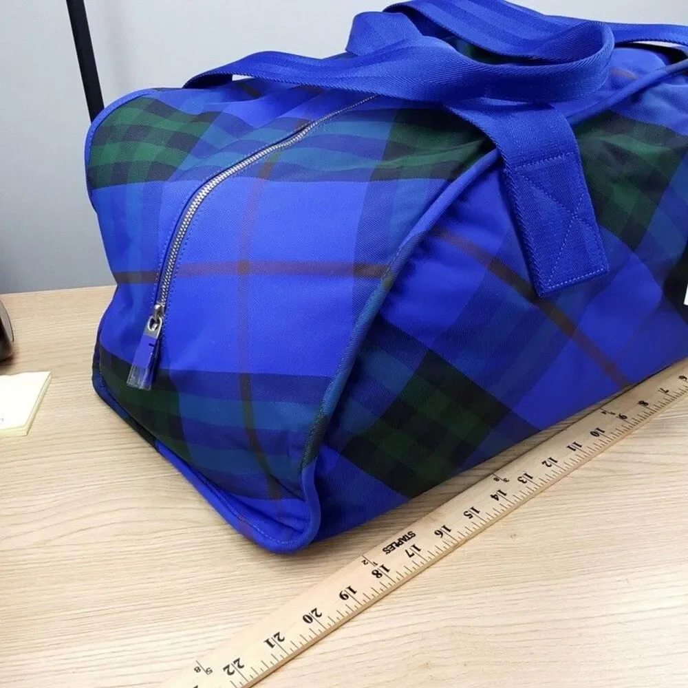 BURBERRY Duffle Bag Blue Nylon Shield Check Plaid Authentic Unisex $2050